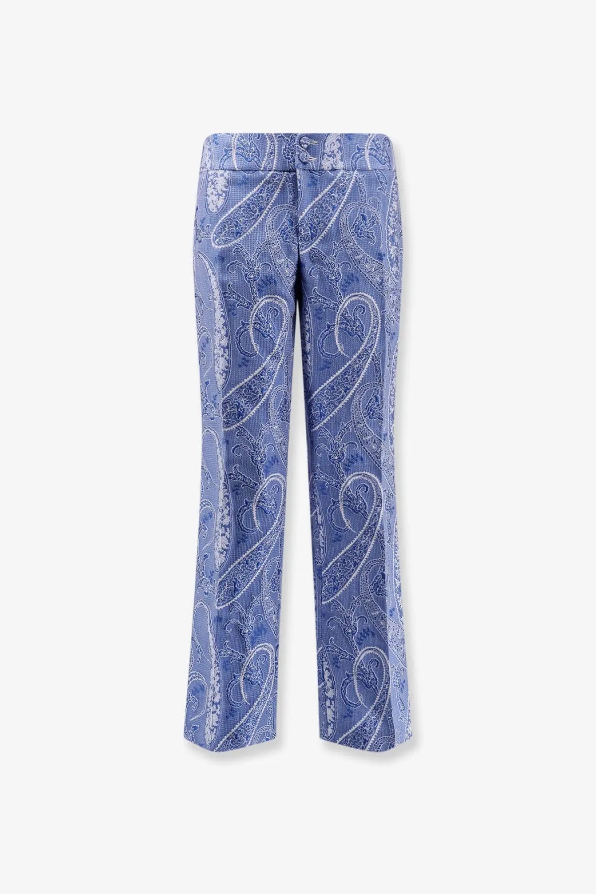 Etro women’s trousers in blue featuring wide-leg paisley pattern and subtle textured weave fabric