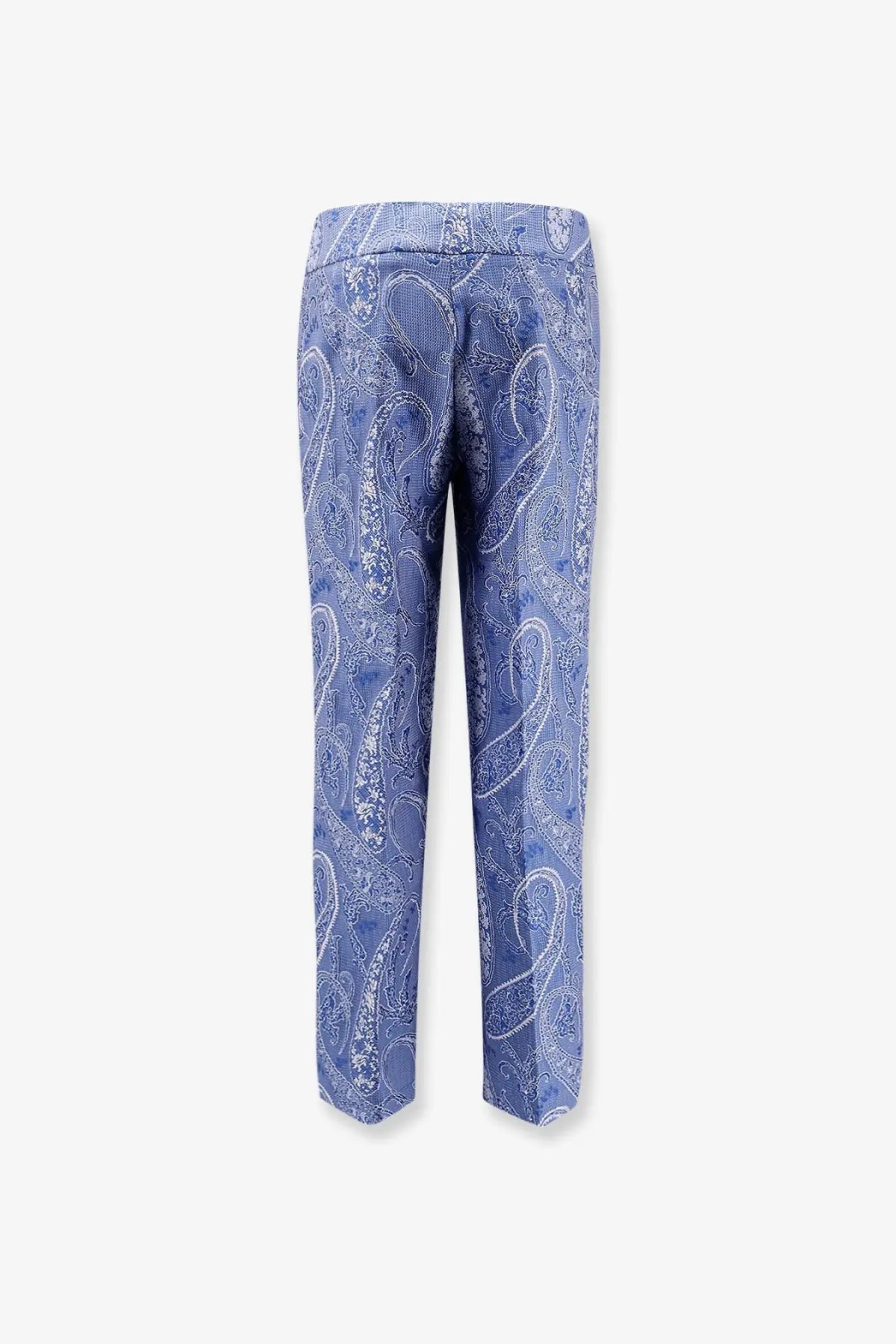 Etro women’s blue trousers with paisley pattern subtle sheen and elastic waistband for comfortable wear