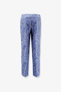 Etro women’s blue trousers with paisley pattern subtle sheen and elastic waistband for comfortable wear