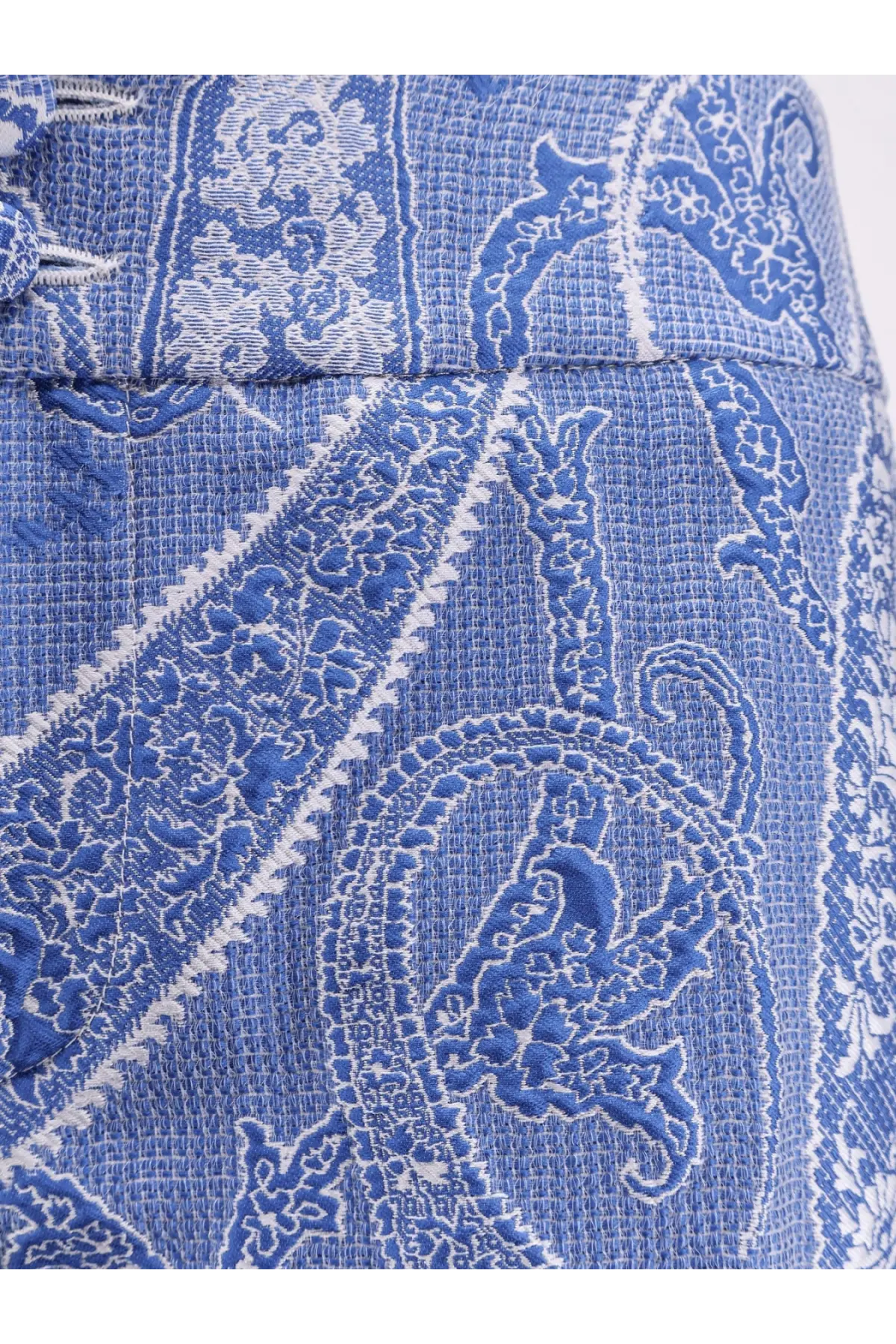 Etro women’s trousers in blue with white paisley pattern featuring a textured woven fabric design