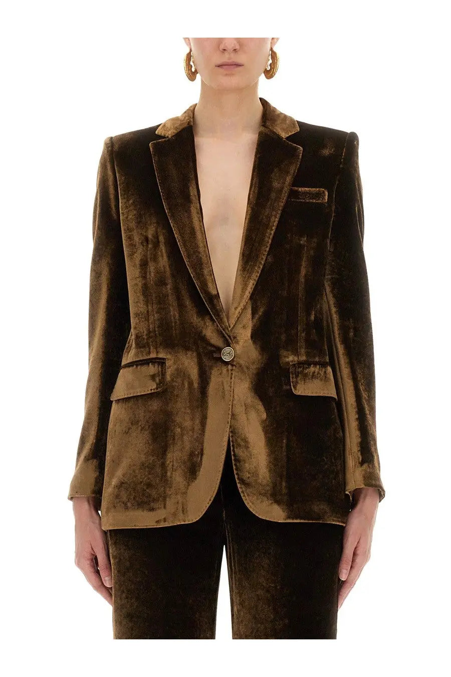 Etro women’s velvet jacket brown featuring rich textured brown velvet with a lighter brown collar and matching button
