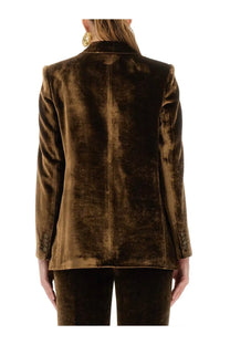 Etro women’s brown velvet blazer with rich texture classic tailored fit and matching buttons front view