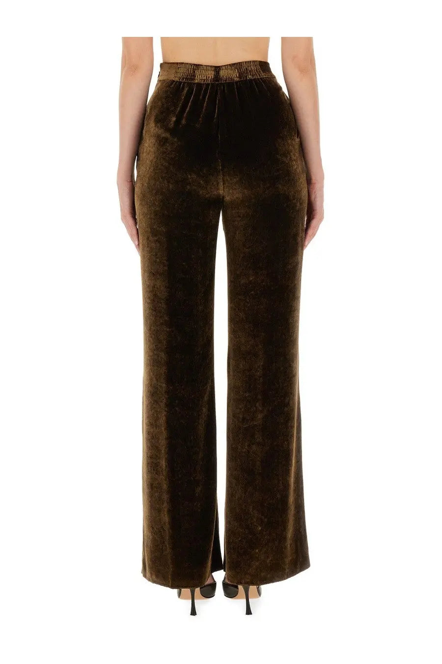 Brown velvet high-waisted wide-leg trousers with gathered elastic waistband from etro women’s velvet pants brown collection