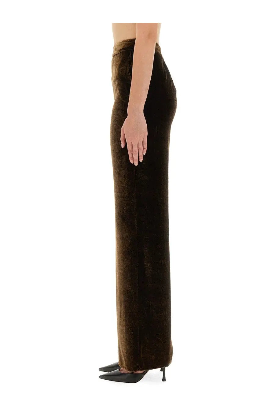 A pair of etro women’s high-waisted wide-leg brown velvet trousers for elegant casual wear