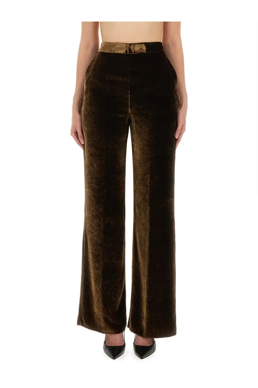 Brown velvet wide-leg trousers with a matching gold-toned belt from ETRO women’s velvet pants brown collection