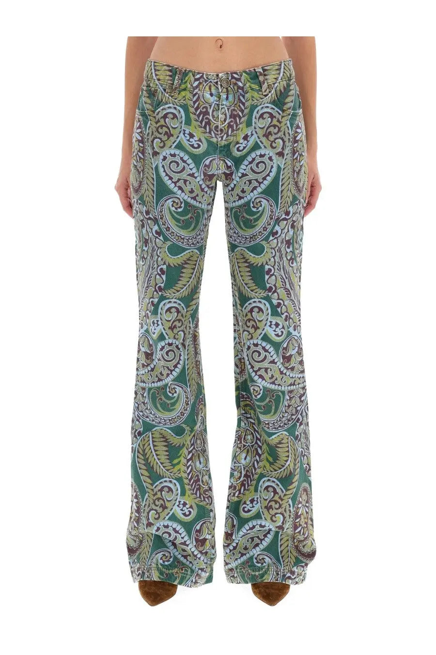 Etro women wide jeans featuring green and beige paisley-patterned flared trousers in a stylish fabric design