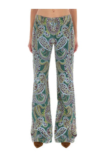 Etro women wide jeans featuring green and beige paisley-patterned flared trousers in a stylish fabric design