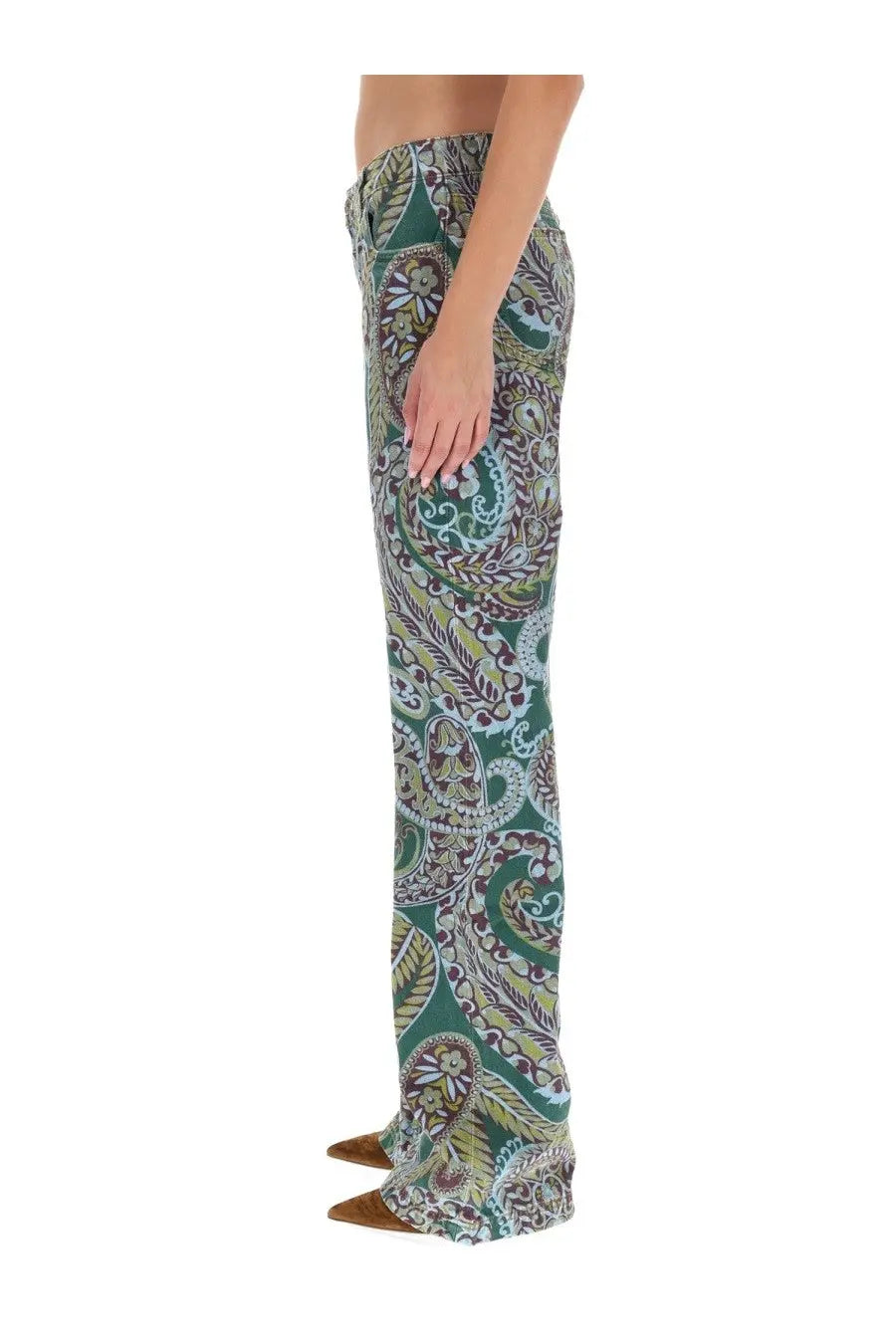 Etro women’s wide jeans featuring green and beige paisley-patterned wide-leg trousers in a casual style