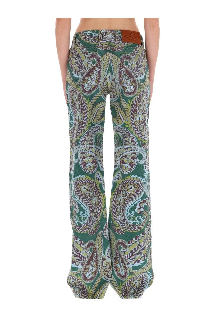 Etro women’s wide jeans blue green paisley-patterned wide-leg trousers with brown leather belt loop front view