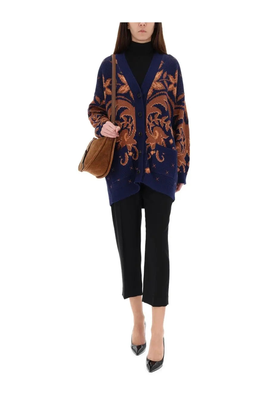 Navy blue etro women’s wool cardigan with intricate gold-toned floral embroidery on the front side