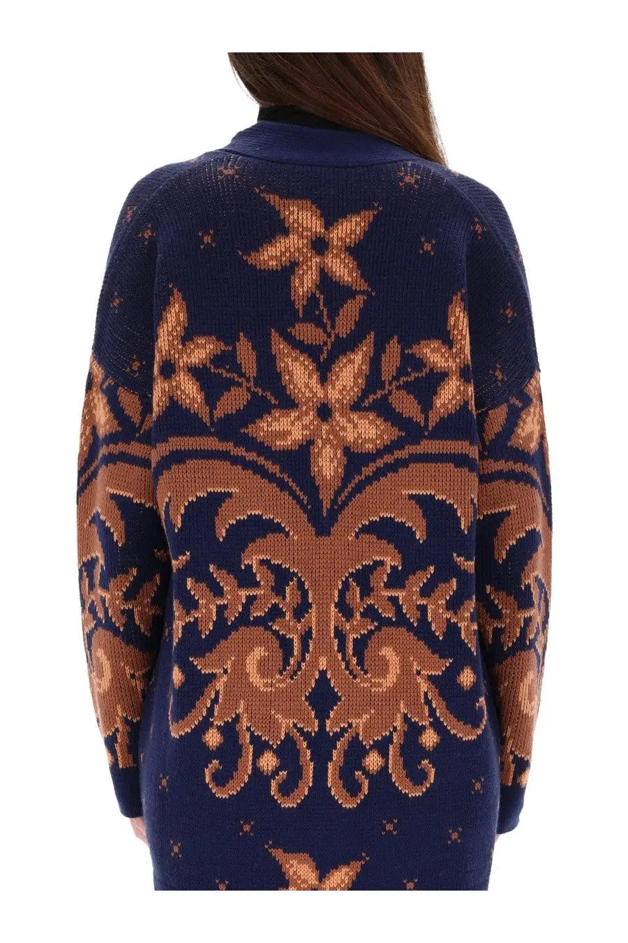 Etro women’s wool cardigan in navy blue with intricate coppery-brown floral and vine pattern knit design