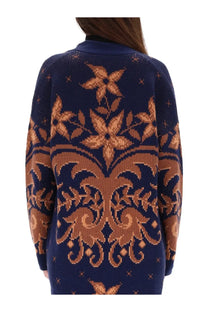 Etro women’s wool cardigan in navy blue with intricate coppery-brown floral and vine pattern knit design