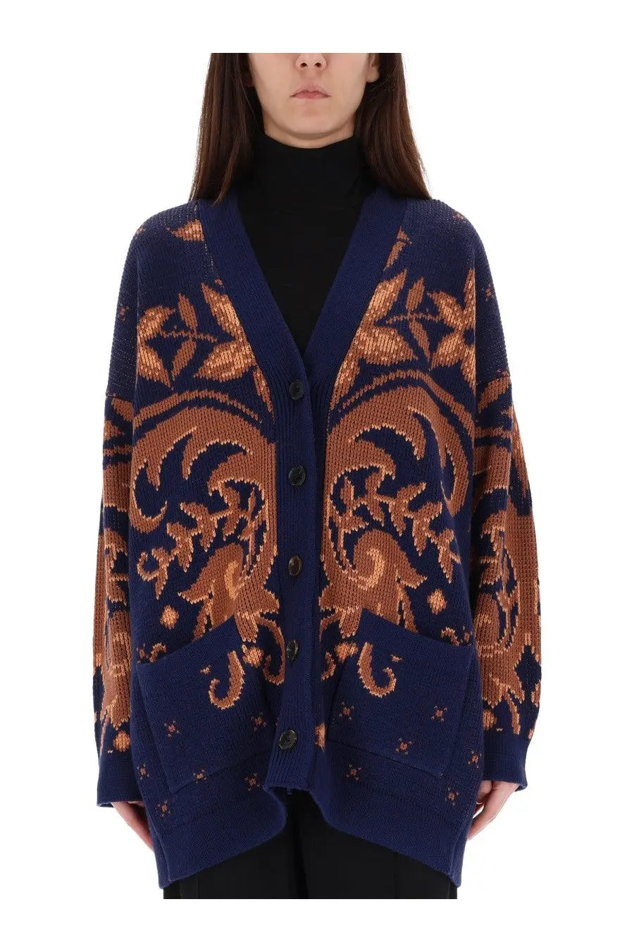 Etro women’s wool cardigan in navy blue with gold floral patterns button front and two pockets multicolor design