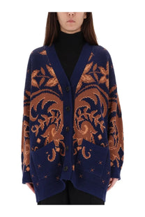 Etro women’s wool cardigan in navy blue with gold floral patterns button front and two pockets multicolor design