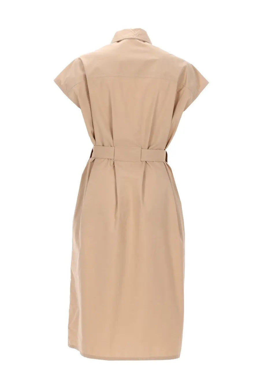 Beige short-sleeved shirt dress with belted waist and collar by fabiana filippi in lightweight fabric