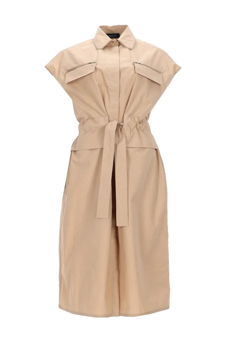 Fabiana Filippi women’s beige trench-style dress with short sleeves front zipper pockets and self-tie belt