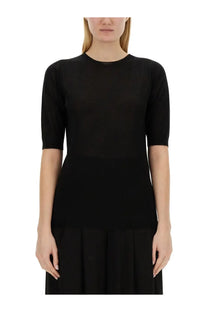 Fabiana Filippi women’s black cashmere sweater with three-quarter sleeves round neckline and ribbed texture