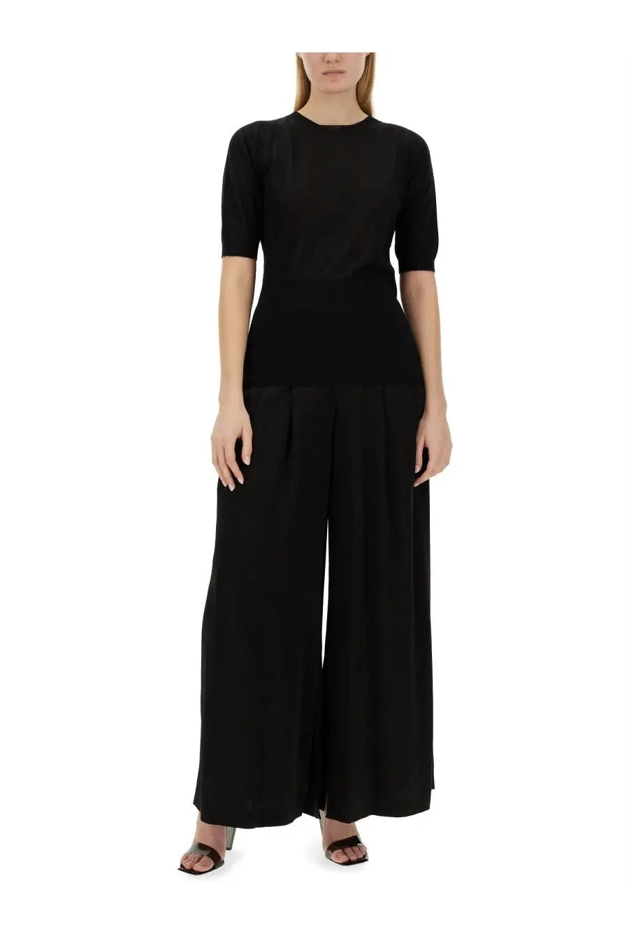 Fabiana Filippi women’s black cashmere sweater with three quarter sleeves fitted waist and soft flowing fabric