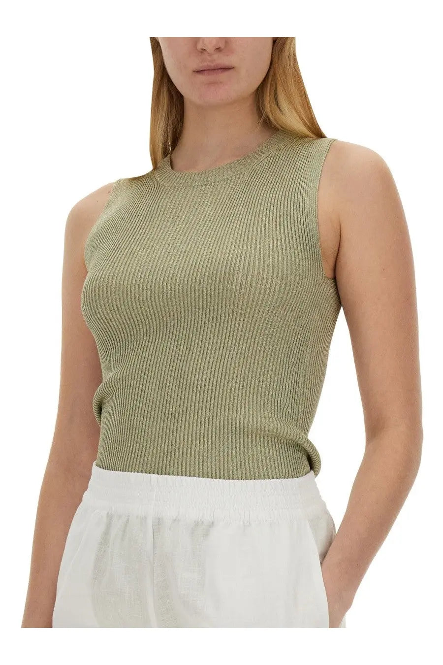 Fabiana Filippi women’s ribbed olive green sleeveless knit top with round neckline in soft knitted fabric