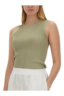 Fabiana Filippi women’s ribbed olive green sleeveless knit top with round neckline in soft knitted fabric