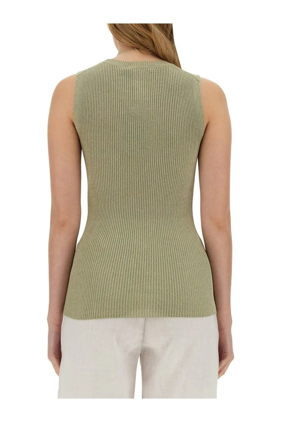 Fabiana Filippi women’s ribbed olive green sleeveless knit top with a fitted silhouette in knitted fabric
