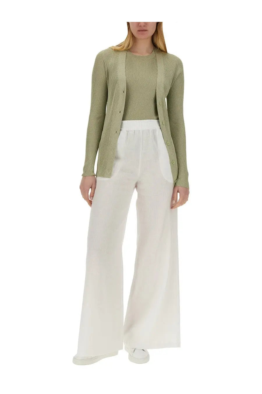 Fabiana Filippi women’s soft sage green ribbed knit cardigan with button closures in knitted tops collection