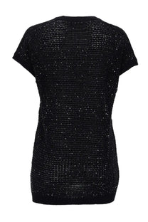 Fabiana Filippi women’s black short-sleeved knit top with dense silver sequin embellishments
