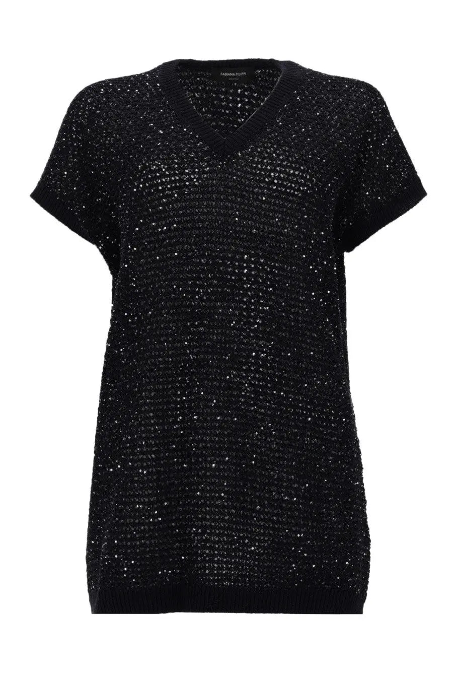 Fabiana Filippi women’s black v-neck sweater with short sleeves featuring sparkling sequined texture