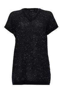 Fabiana Filippi women’s black v-neck sweater with short sleeves featuring sparkling sequined texture