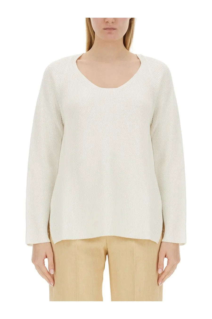 Fabiana Filippi women’s cream cream-colored ribbed knit long-sleeve sweater with relaxed fit and rounded neckline