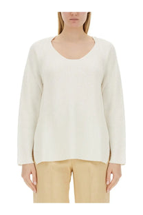 Fabiana Filippi women’s cream cream-colored ribbed knit long-sleeve sweater with relaxed fit and rounded neckline