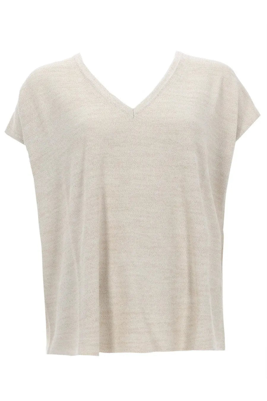 Beige v-neck short-sleeved knit top with loose relaxed fit by Fabiana Filippi for women