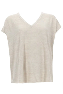 Beige v-neck short-sleeved knit top with loose relaxed fit by Fabiana Filippi for women