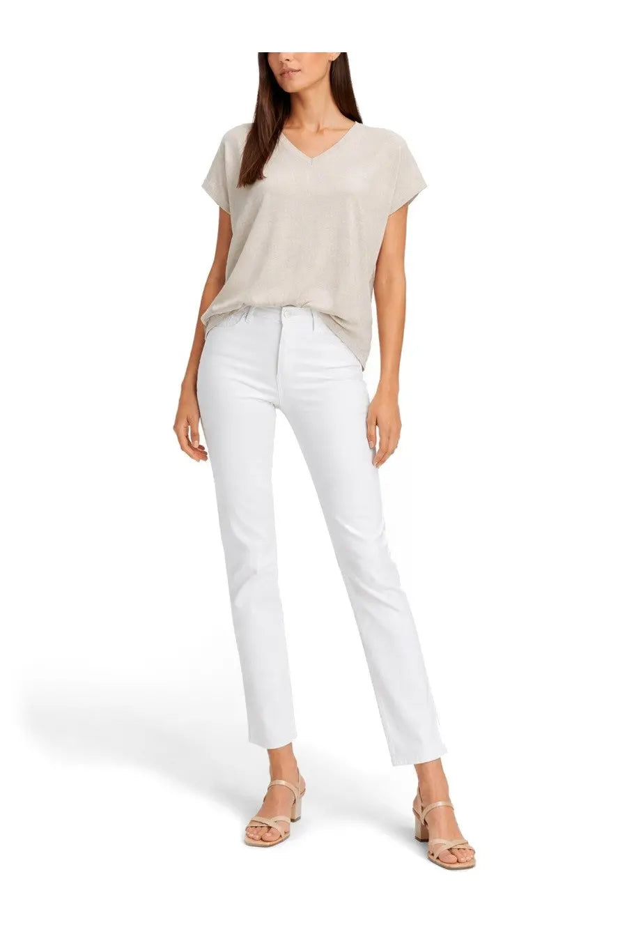 White straight-leg trousers with smooth glossy finish and modern cut paired with fabiana filippi neck top beige