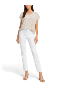 White straight-leg trousers with smooth glossy finish and modern cut paired with fabiana filippi neck top beige
