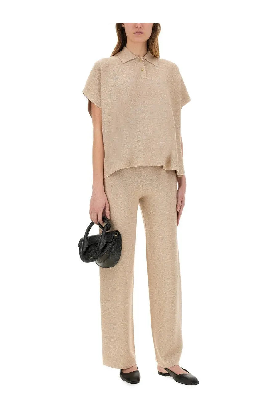 Beige short-sleeved polo shirt with relaxed draped silhouette and subtle texture paired with Fabiana Filippi organic cotton lurex pants