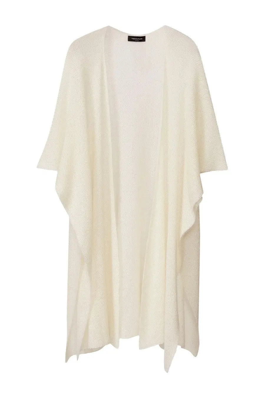 Cream-colored lightweight knit cardigan with loose flowing silhouette and asymmetrical hemline by fabiana filippi
