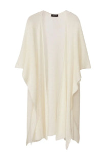 Cream-colored lightweight knit cardigan with loose flowing silhouette and asymmetrical hemline by fabiana filippi