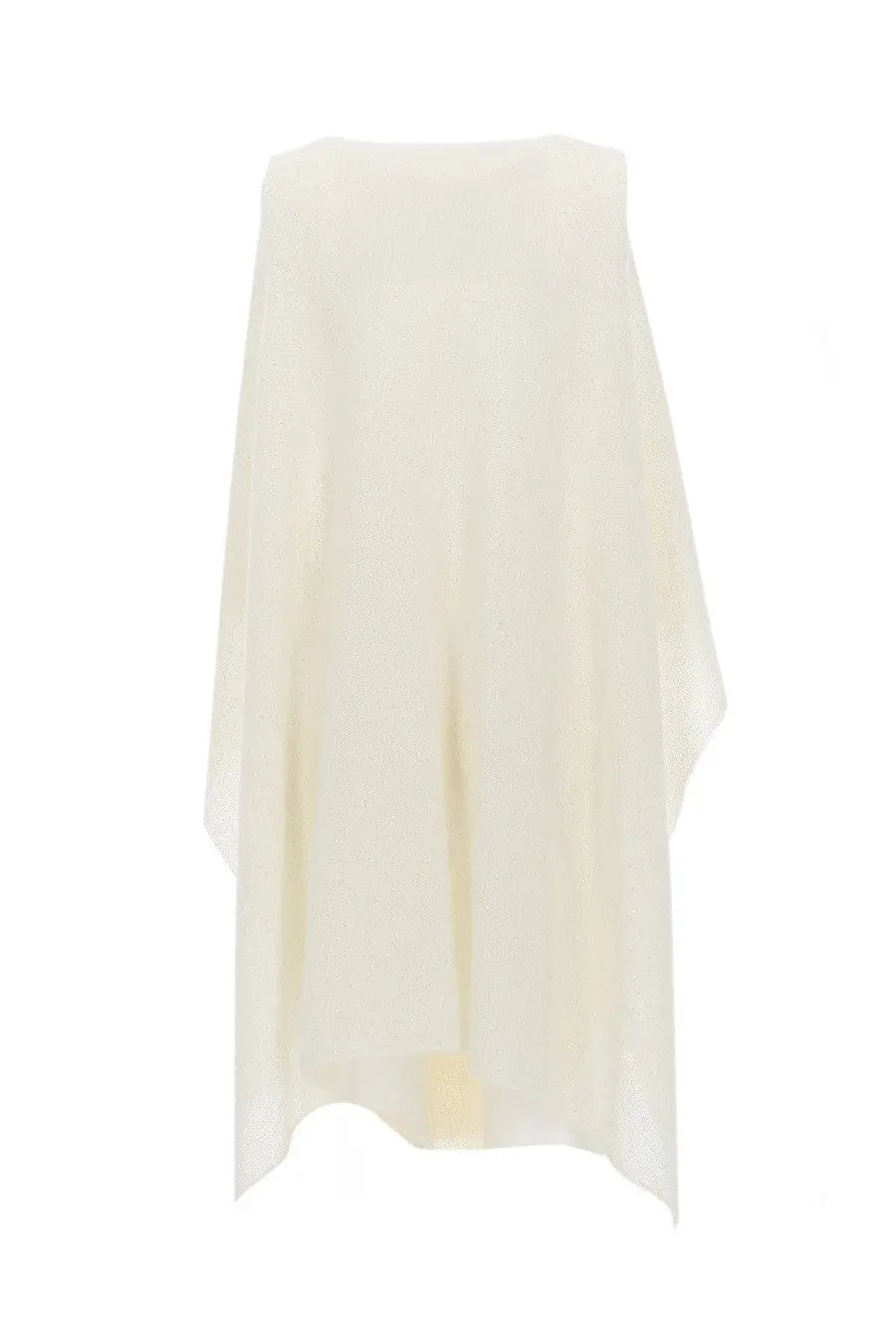 Fabiana Filippi women’s white sequined cape with flowing off-white sleeveless dress and sheer lightweight fabric