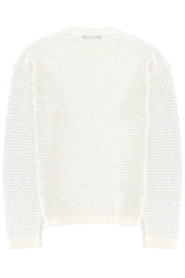 Fabiana Filippi women’s sequined shirt white textured cream knit sweater with ribbed neckline and cuffs