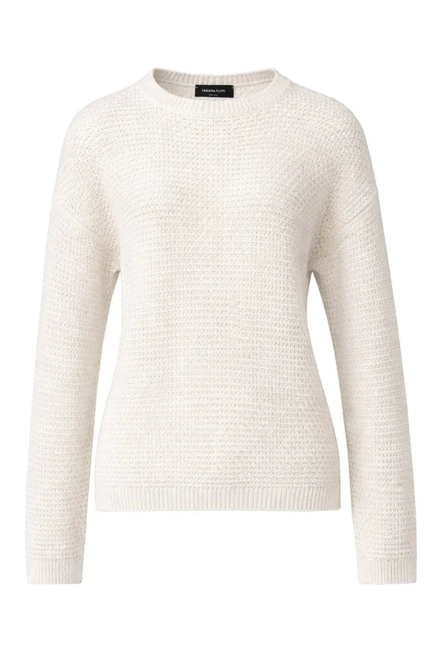 Fabiana Filippi women’s sequined shirt white with cream-colored textured knit sweater round neckline and ribbed cuffs