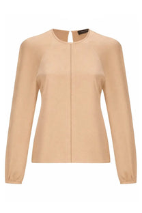 Fabiana Filippi women’s beige viscose long-sleeved blouse with round neckline and center front seam