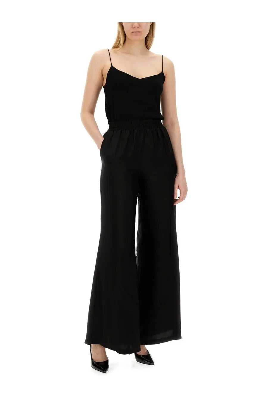 Fabiana Filippi women’s black satin jumpsuit with wide-leg pants and fitted spaghetti strap bodice front view