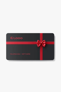 Falors.com €1000 gift card with black design, red ribbon bow, pink text