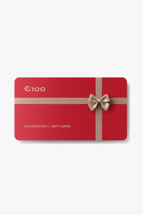 Red €100 Falors.com gift card with beige ribbon and bow