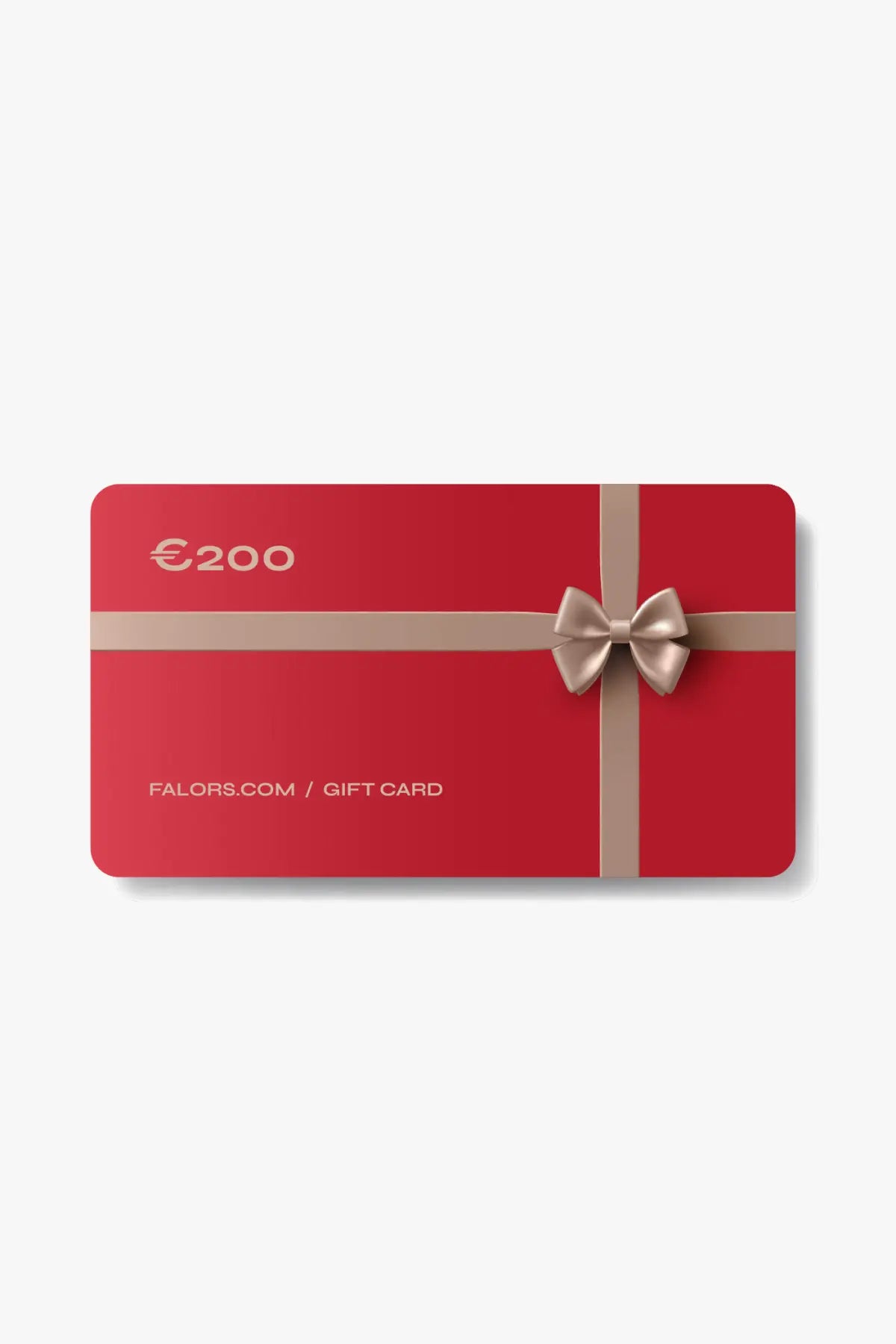 Red €200 Falors.com gift card with beige ribbon and bow