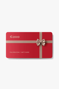 Red €200 Falors.com gift card with beige ribbon and bow