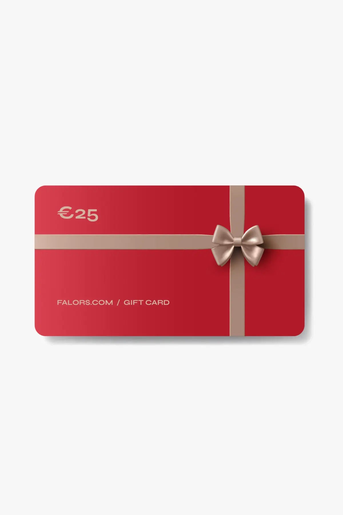 Red €25 Falors.com gift card with beige ribbon and gold text