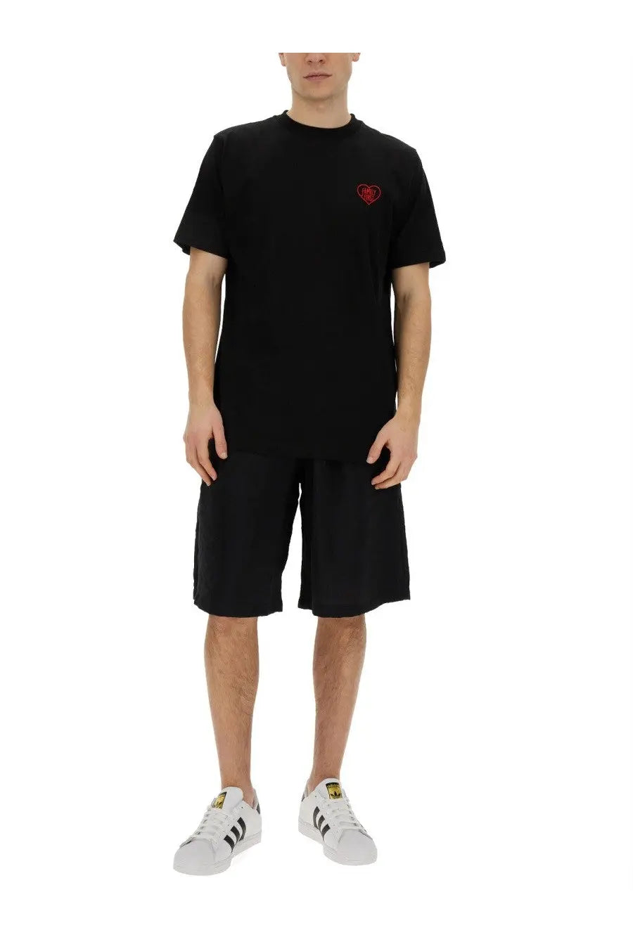 Family first men’s bermuda black short-sleeved t-shirt with small red embroidered heart logo on left chest