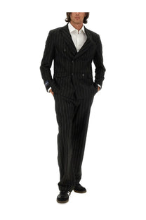 Family first men’s double breasted black pinstripe suit jacket with vertical white stripes for formal wear